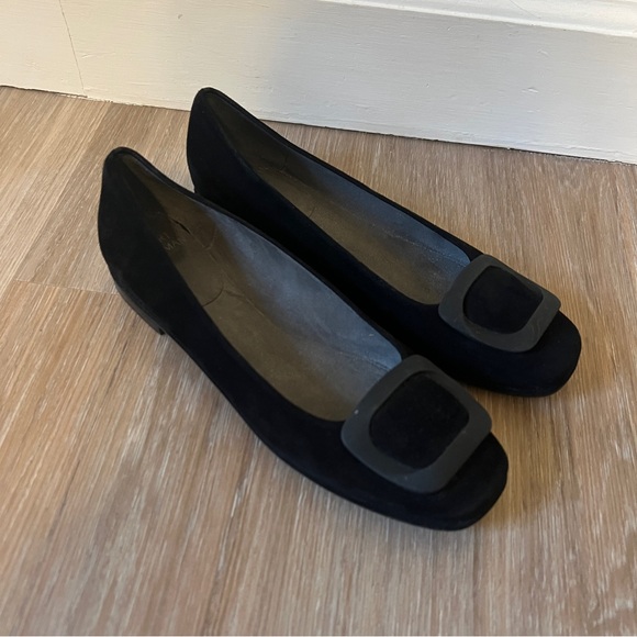 Stuart Weitzman Shoes - Stuart Weitzman Black Suede Square Toe Flats Buckle Size 7 Narrow